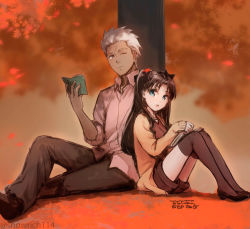 Rule 34 | 1boy, 1girl, :o, against tree, archer (fate), artist name, autumn, autumn leaves, black footwear, black hair, black ribbon, blue eyes, book, brown eyes, brown jacket, brown pants, brown shorts, brown thighhighs, collared shirt, commentary request, dark-skinned male, dark skin, dated, day, falling leaves, fate/stay night, fate (series), grey hair, grey shirt, hair ribbon, jacket, knees up, leaf, long hair, long sleeves, on ground, open book, open clothes, open jacket, open mouth, outdoors, pants, parted bangs, ribbon, shirt, shoes, short shorts, shorts, signature, sleeves past wrists, sleeves rolled up, thighhighs, tohsaka rin, toyoyuki, tree, two side up, wing collar