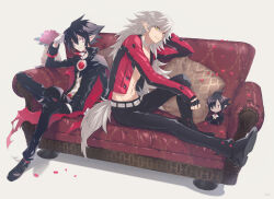 Rule 34 | 2boys, black hair, cape, couch, disgaea, fenrich (disgaea), fingerless gloves, flower, flower pot, gloves, hair between eyes, highres, issa (sorako45), jacket, long hair, looking at viewer, makai senki disgaea 4, male focus, multiple boys, navel, open clothes, open jacket, pants, pillow, pink flower, pointy ears, red eyes, red petals, shoes, sitting, smile, valvatorez (disgaea), vampire, werewolf, white background, white gloves, white hair, yellow eyes
