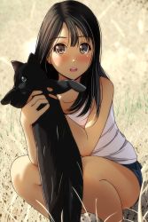 Rule 34 | 1girl, :d, absurdres, animal, bare arms, bare shoulders, black cat, black hair, blue shorts, blurry, blurry background, blush, brown eyes, cat, depth of field, field, fingernails, green eyes, hair between eyes, highres, holding, holding animal, long hair, looking at viewer, matsunaga kouyou, nose blush, open mouth, original, round teeth, short shorts, shorts, smile, solo, squatting, tank top, teeth, upper teeth only, white tank top