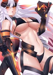 Rule 34 | 1girl, absurdres, armor, barcode, barcode tattoo, bikini, black bikini, breasts, character request, cleavage, commentary, cowboy shot, dutch angle, english commentary, faulds, gauntlets, headpiece, highres, holding, holding sword, holding weapon, honkai (series), honkai impact 3rd, large breasts, long hair, navel, noise paper, orange eyes, panties, solo, swimsuit, sword, tattoo, underboob, underwear, weapon, white hair