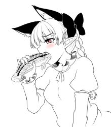 Rule 34 | 1girl, animal ears, bad id, bad pixiv id, blush, bow, bowtie, braid, cat ears, collar, dress, fish, frilled collar, frilled shirt collar, frilled sleeves, frills, isaki (gomi), kaenbyou rin, monochrome, pointy ears, red eyes, sexually suggestive, spot color, tears, tongue, tongue out, touhou, twin braids