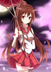 Rule 34 | 10s, 1girl, bad id, bad pixiv id, brown hair, detached sleeves, hair ornament, kantai collection, kurono yuzuko, long hair, looking at viewer, neckerchief, parasol, pleated skirt, ponytail, red eyes, shirt, skirt, smile, solo, thighhighs, umbrella, very long hair, yamato (kancolle), zettai ryouiki
