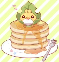Rule 34 | 2027 (submarine2027), butter, creatures (company), flower, food, food focus, fork, game freak, gen 5 pokemon, heart, in food, looking at viewer, nintendo, no humans, pancake, plate, pokemon, pokemon (creature), sewaddle, solo, pancake stack, striped, striped background, syrup