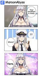 Rule 34 | 2girls, 3koma, apron, azur lane, belfast (azur lane), belt, black belt, black coat, black neckwear, braid, breast rest, breasts, breasts on tray, broken, broken chain, carried breast rest, carrying, chain, cleavage, coat, collar, comic, english text, enterprise (azur lane), french braid, frilled apron, frilled gloves, frills, gloves, hat, holding, holding tray, large breasts, long hair, maid, maid headdress, maroonabyss, military hat, multiple girls, open clothes, open coat, peaked cap, plate, shirt, sleeveless, sleeveless shirt, tray, underbust, white hair, white headwear