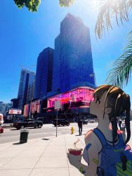 Rule 34 | 1girl, bag, bandaid, building, city, drink, highres, mika pikazo, original, outdoors, photo background, realistic, solo, sports bra, tank top
