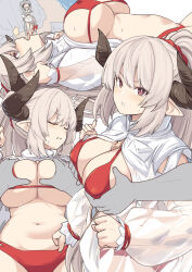 Rule 34 | 1boy, 1girl, aliza (granblue fantasy), aliza (summer) (granblue fantasy), bikini, breasts, covered erect nipples, draph, grabbing, grabbing another&#039;s breast, granblue fantasy, grey hair, horns, jacket, large breasts, long hair, long sleeves, multiple views, navel, ocean, official alternate costume, open mouth, pointy ears, red bikini, red eyes, see-through, see-through jacket, shiseki hirame, shore, swimsuit, tongue, tongue out, very long hair, white jacket