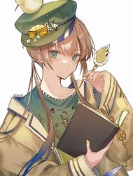 Rule 34 | 1boy, animal, animal on head, aqua eyes, bird, bird on head, book, brown hair, captain nemo (fate), fate/grand order, fate (series), green hat, green shirt, hair between eyes, hat, holding, holding book, jacket, long hair, long sleeves, looking at viewer, male focus, nail polish, nemo (fate), on head, sherry 0014, shirt, simple background, sleeves past wrists, solo, trap, twintails, twitter username, upper body, white background, wide sleeves, yellow nails