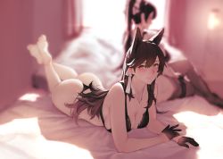 Rule 34 | 2girls, animal ears, ass, atago (azur lane), azur lane, bare legs, barefoot, bed sheet, black bra, black gloves, black hair, black legwear, black panties, blurry, bra, breasts, cleavage, closed mouth, commentary request, crossed ankles, crossed legs, curvy, depth of field, extra ears, feet, full body, gloves, hair between eyes, hair ribbon, half gloves, hayabusa, highres, hip focus, indoors, jewelry, large breasts, legs, light smile, long hair, looking at viewer, lying, mole, mole under eye, multiple girls, necklace, on bed, on stomach, panties, ponytail, ribbon, shadow, sitting, slit pupils, solo focus, swept bangs, takao (azur lane), the pose, thighhighs, underwear, underwear only, very long hair, white ribbon, window, yellow eyes