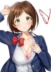 Rule 34 | 1girl, blue jacket, bow, bowtie, bra, breasts, brown hair, cleavage, dress shirt, from above, green eyes, highres, idolmaster, idolmaster cinderella girls, jacket, large breasts, looking at viewer, lying, maekawa miku, on back, parted lips, pink bra, red-framed eyewear, red bow, red bowtie, shirt, short hair, simple background, solo, takeashiro, underwear, white background, white shirt