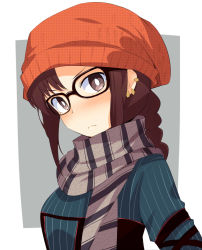 Rule 34 | blush, braid, brown hair, chata maru (irori sabou), commentary request, ear piercing, face, fate/grand order, fate (series), frown, glasses, grey scarf, highres, looking at viewer, orange headwear, piercing, scarf, yu mei-ren (fate), yu mei-ren (first ascension) (fate)