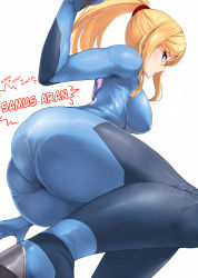 Rule 34 | 1girl, ario, ass, blonde hair, blue eyes, blush, bodysuit, breasts, curvy, covered erect nipples, from below, hard-translated, huge ass, impossible clothes, large breasts, long hair, looking at viewer, looking back, metroid, nintendo, pantylines, ponytail, samus aran, skin tight, solo, thick thighs, thighs, third-party edit, translated, white background, wide hips, zero suit