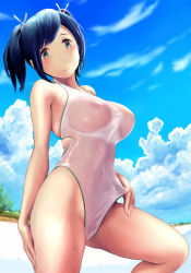 Rule 34 | 10s, 1girl, absurdres, alternate costume, bare arms, bare legs, bare shoulders, beach, blue eyes, blue hair, blush, bow, breasts, cleavage, cowboy shot, day, from side, groin, hair between eyes, hair bow, head tilt, highleg, highleg swimsuit, highres, kantai collection, large breasts, leg lift, light smile, looking at viewer, nipples, ocean, one-piece swimsuit, ribbon, scan, see-through, short twintails, skindentation, souryuu (kancolle), standing, swimsuit, thighs, twintails, wa (genryusui), wet, wet clothes, wet swimsuit, white ribbon, white one-piece swimsuit