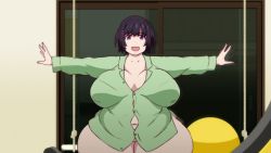 Rule 34 | 1girl, alternate body build, alternate body size, alternate breast size, anime screenshot, bakemonogatari, belly, black hair, breasts, breasts apart, chetrippo, curvy, female focus, hanekawa tsubasa, highres, huge breasts, indoors, looking at viewer, monogatari (series), navel, open mouth, outstretched arms, pajamas, partially undressed, plump, purple eyes, short hair, smile, solo, standing, thick thighs, thighs, third-party edit, wide hips