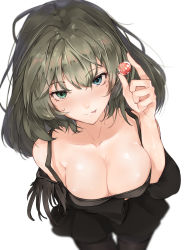 Rule 34 | 10s, 1girl, :p, absurdres, bad id, bad pixiv id, bare shoulders, black dress, black pantyhose, blue eyes, blurry, blush, breast hold, breasts, candy, cleavage, closed mouth, collarbone, cowboy shot, depth of field, dress, food, fringe trim, from above, green eyes, green hair, heterochromia, highres, holding, holding food, hplay, idolmaster, idolmaster cinderella girls, large breasts, long sleeves, looking at viewer, looking up, mole, mole under eye, pantyhose, shiny skin, short hair, smile, solo, standing, takagaki kaede, thigh gap, thighband pantyhose, tongue, tongue out, tsurime