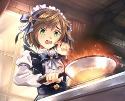 Rule 34 | 1girl, apron, black apron, black bow, blush, bow, box, brown hair, burning, collar, commentary, commission, cooking, curtains, dragalia lost, embarrassed, english commentary, fire, flambe, frilled headband, frying pan, green eyes, hair bow, highres, kitchen, light, light rays, long sleeves, maid, maid apron, maid headdress, melody (dragalia lost), open mouth, ryo-suzuki, shelf, shirt, short hair, solo, stove, tears, upper body, white collar, white shirt, window