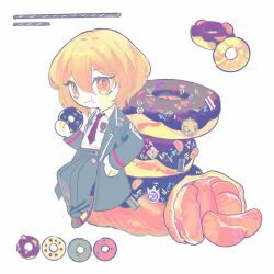 Rule 34 | 1girl, black coat, black pants, blonde hair, coat, collared shirt, don quixote (project moon), doughnut, eating, food, fruit, hand up, holding, holding food, limbus company, liyln02617464, looking at viewer, mandarin orange, necktie, pants, project moon, red necktie, shirt, short hair, simple background, solo, sticker, white background, white shirt, yellow eyes