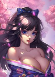Rule 34 | 1girl, absurdres, aojiao pinru, bare shoulders, black hair, blue bow, blue eyes, blush, bow, breasts, cleavage, closed mouth, collarbone, hair bow, highres, honkai (series), honkai impact 3rd, large breasts, long hair, looking at viewer, ponytail, raiden mei, smile, solo, upper body