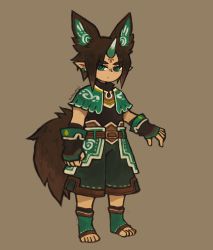 Rule 34 | androgynous, animal ears, barefoot, belt, brown background, brown hair, earrings, eyebrows, facepaint, fingerless gloves, full body, gender request, gloves, green eyes, horns, jewelry, jitome, looking at viewer, original, pointy ears, satsumai, signature, simple background, single horn, solo, standing, tail, toeless legwear, toes