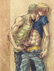 Rule 34 | 2boys, against wall, blonde hair, blush, erection, green hair, handjob, licking, male focus, multiple boys, one piece, penis, roronoa zoro, sanji (one piece), standing, tongue, uncensored, undressing, yaoi