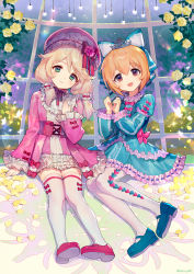 Rule 34 | 2girls, :d, ainy, bad id, bad pixiv id, blonde hair, blue bow, blue dress, blue footwear, blush, bow, brown eyes, bug, butterfly, commentary request, dress, flower, frilled shirt collar, frilled sleeves, frills, full body, green eyes, hair between eyes, hair bow, hair ornament, hair scrunchie, hand up, hands up, hat, hat bow, hat flower, head tilt, highres, idolmaster, idolmaster cinderella girls, insect, juliet sleeves, koga koharu, lens flare, lolita fashion, long hair, long sleeves, looking at viewer, low twintails, mary janes, multiple girls, neck ribbon, open mouth, pantyhose, petals, pink dress, pink flower, pink footwear, pink headwear, pink neckwear, pink rose, puffy sleeves, red bow, ribbon, ribbon-trimmed dress, ribbon trim, rose, scrunchie, shadow, shoes, short dress, short sleeves, sitting, smile, sparkle, thighhighs, thighs, tiara, twintails, white legwear, wide sleeves, yellow flower, yellow rose, yusa kozue, zettai ryouiki