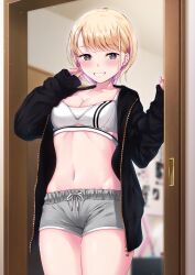 Rule 34 | 1girl, black jacket, blonde hair, blurry, blurry background, blush, breasts, cleavage, collarbone, commentary request, depth of field, drawstring, grey eyes, grey shorts, grin, groin, highres, indoors, jacket, kotohane, long sleeves, looking at viewer, medium breasts, multicolored hair, nail polish, navel, open clothes, open jacket, original, pink nails, puffy long sleeves, puffy sleeves, purple hair, short hair, short shorts, shorts, sleeves past wrists, smile, solo, standing, two-tone hair