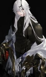Rule 34 | 1boy, absurdres, black background, black shirt, claw ring, closed mouth, elidibus, final fantasy, final fantasy xiv, grey eyes, grey hair, head tilt, highres, long hair, looking at viewer, male focus, mask, robe, shirt, simple background, solo, themis (ff14), tladpwl03, white eyes, white hair