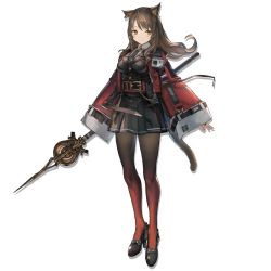 Rule 34 | 1girl, animal ears, arknights, belt, black footwear, black jacket, black necktie, black pantyhose, black shirt, black skirt, blush, breasts, brown eyes, brown hair, buckle, buttons, cat ears, cat tail, chain, closed mouth, coat, collared shirt, earrings, floating hair, full body, gradient legwear, hair between eyes, high heels, holding, holding staff, jacket, jewelry, long hair, looking at viewer, medium breasts, multicolored clothes, multicolored legwear, name tag, necktie, official art, open clothes, open jacket, pantyhose, pleated skirt, red coat, red jacket, red pantyhose, shirt, sidelocks, skirt, skyfire (arknights), sleeves past fingers, sleeves past wrists, smile, solo, staff, tachi-e, tail, transparent background, vertical-striped clothes, vertical-striped necktie, white shirt