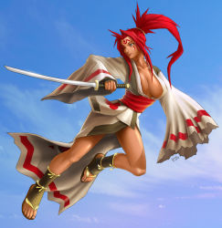 Rule 34 | 1girl, amputee, arc system works, baiken, blue eyes, breasts, cleavage, day, guilty gear, japanese clothes, katana, kimono, large breasts, obi, one-eyed, open clothes, open kimono, red hair, sash, scar, scar across eye, scar on face, sky, solo, sword, weapon