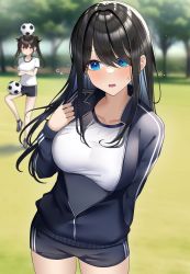Rule 34 | 2girls, absurdres, ball, black hair, black jacket, black shorts, blue eyes, blurry, blurry background, breasts, commentary request, crossed arms, eyes visible through hair, gym uniform, highres, jacket, kaku yone, large breasts, long hair, multiple girls, open mouth, original, outdoors, shirt, shorts, siblings, sisters, soccer ball, standing, standing on one leg, thighs, tree, twintails, white shirt