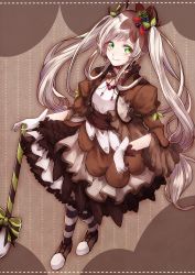 Rule 34 | 1girl, blueberry hair ornament, bow, brown background, cropped jacket, dress, earrings, food-themed hair ornament, frills, full body, gloves, green eyes, hair ornament, jewelry, layered dress, lolita fashion, long hair, looking at viewer, nemoko29, original, pantyhose, personification, pocketland, saddle shoes, shoes, sidelocks, smile, solo, spoon, standing, strawberry hair ornament, striped bow, striped clothes, striped pantyhose, tiramisu, twintails, white gloves, white hair