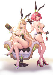 Rule 34 | 2girls, absurdres, alcohol, alternate costume, animal ears, arm strap, armchair, ass, back, bare shoulders, black gloves, black leotard, blonde hair, bracelet, breasts, chair, chest jewel, circlet, commentary request, cup, detached collar, drinking glass, earrings, fake animal ears, fake tail, full body, gloves, high heels, highres, holding, holding tray, jewelry, ken-san, large breasts, legs, leotard, long hair, looking at viewer, multiple girls, mythra (xenoblade), playboy bunny, pumps, pyra (xenoblade), rabbit ears, rabbit tail, red eyes, red hair, shoes, short hair, sideboob, stiletto heels, tail, thigh strap, thighs, tray, very long hair, whiskey, wrist cuffs, xenoblade chronicles (series), xenoblade chronicles 2, yellow eyes