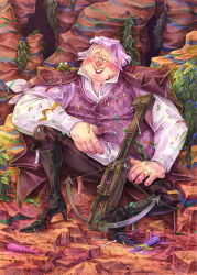 Rule 34 | 2boys, animal, animal on shoulder, black footwear, blueberry, boots, bow (weapon), brown coat, bug, coat, coat on shoulders, confetti, crossbow, ethical bug, food, fruit, high heel boots, high heels, highres, illusioncanthurtme--art, jack horner, looking at another, multiple boys, open mouth, purple hair, purple vest, puss in boots, puss in boots: the last wish, shirt, sitting, smile, smirk, talking, teeth, traditional media, unicorn horn, vest, weapon, white shirt