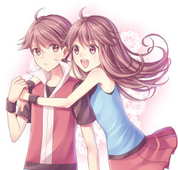 Rule 34 | 1boy, 1girl, :d, ahoge, blue shirt, brown eyes, brown hair, brown shirt, closed mouth, commentary request, creatures (company), floating hair, game freak, hug, jacket, leaf (pokemon), long hair, nintendo, open mouth, pleated skirt, pokemon, pokemon frlg, red (pokemon), red jacket, red skirt, scbstella, shirt, short hair, short sleeves, skirt, sleeveless, sleeveless jacket, sleeveless shirt, smile, t-shirt, teeth, tongue, upper teeth only, wristband