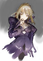 Rule 34 | 1girl, artoria pendragon (all), artoria pendragon (fate), attall, blonde hair, braid, breasts, cleavage, dress, fate/stay night, fate (series), french braid, gradient background, hand on own face, long sleeves, nanbo ataru (attall), puffy long sleeves, puffy sleeves, purple dress, saber (fate), saber alter, short hair, solo, upper body, yellow eyes