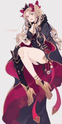 Rule 34 | 1girl, armored boots, bare legs, black cloak, black dress, black panties, blonde hair, boots, bow, breasts, character name, christmas ornaments, cleavage, cloak, commentary, dress, ereshkigal (fate), fangs, fate/grand order, fate (series), flower, full body, gold footwear, grey background, hair bow, hair ornament, high heel boots, high heels, highres, holding, holding own hair, invisible chair, leg armor, long coat, long hair, looking at viewer, medium breasts, off-shoulder dress, off shoulder, open mouth, panties, parted bangs, red bow, red cloak, satsuki (miicat), simple background, single boot, sitting, skull, solo, tassel, thick thighs, thigh boots, thighhighs, thighs, tiara, two-tone cape, two side up, underwear, wavy hair, yellow eyes