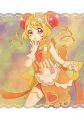 Rule 34 | 1girl, aizen (syoshiyuki), apron, back bow, blonde hair, bow, brooch, bun cover, chestnut mouth, cowboy shot, cure yum-yum, delicious party precure, double bun, dress, drill hair, gloves, hair bun, hanamichi ran, hat, hat bow, heart, heart brooch, highres, jewelry, looking at viewer, magical girl, medium hair, mini hat, multicolored background, orange dress, precure, red eyes, red shorts, shorts, shorts under skirt, solo, standing, striped, striped bow, thighlet, twin drills, white gloves