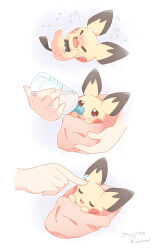 Rule 34 | baby, blanket, bottle, brown eyes, closed eyes, commentary request, creatures (company), crying, disembodied limb, feeding, flying sweatdrops, game freak, gen 2 pokemon, headpat, highres, holding, holding bottle, mugita konomi, nintendo, open mouth, pichu, pokemon, pokemon (creature), signature, smile, swaddled, tearing up, tears