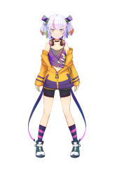 Rule 34 | 1girl, absurdres, bike shorts, black choker, camisole, choker, fang, full body, headphones, headphones around neck, highres, looking at viewer, multicolored hair, namako (namacotan), off-shoulder jacket, off shoulder, original, purple hair, short hair, short twintails, smile, solo, standing, thick eyebrows, twintails, white background, yellow eyes