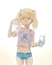 Rule 34 | 1girl, blonde hair, blue shorts, breasts, drink, glasses, hair bobbles, hair ornament, highres, long hair, midriff, navel, open mouth, outdoors, perrine h. clostermann, shiri chin, shirt, short shorts, shorts, sketch, small breasts, smile, solo, strike witches, twintails, white shirt, world witches series, yellow eyes