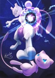 Rule 34 | absurdres, aqua eyes, creatures (company), energy ball, floating, full body, game freak, gen 1 pokemon, highres, horns, kaichi (tomiyu25), legendary pokemon, looking at viewer, looking to the side, mew (pokemon), mewtwo, mythical pokemon, nintendo, pokemon, pokemon (creature), purple eyes, simple background, smile, tail