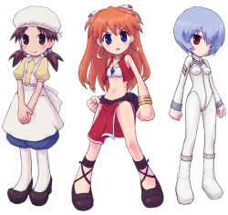 Rule 34 | 3girls, ankle lace-up, apron, ayanami rei, bandeau, bandeau bikini, bare shoulders, bloomers, blue eyes, blue hair, bracelet, brown eyes, brown hair, chibi, cosplay, covering privates, covering face, covering own eyes, cross-laced footwear, earrings, electra (cosplay), electra (nadia), emoncake., freckles, fushigi no umi no nadia, gainax, hair ornament, hair over eyes, hair over one eye, hairclip, hat, horaki hikari, ikolina (cosplay), ikolina (nadia), jewelry, loincloth, long hair, midriff, multiple girls, nadia la arwall, nadia la arwall (cosplay), neck ring, necklace, neon genesis evangelion, pantyhose, parody, pelvic curtain, plugsuit, red eyes, red hair, sandals, shoes, short hair, simple background, souryuu asuka langley, strapless, tube top, twintails, underwear, vest, white background