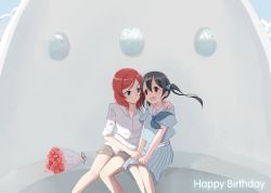 Rule 34 | 10s, 2girls, :d, ai635623656, arm around shoulder, bad id, bad pixiv id, bird, black hair, blue skirt, bouquet, collared shirt, flower, hair between eyes, happy birthday, highres, holding hands, looking at another, love live!, love live! school idol project, multiple girls, nishikino maki, open mouth, purple eyes, red eyes, red hair, sailor collar, seagull, shirt, short sleeves, shorts, sitting, skirt, sleeves rolled up, smile, twintails, white shirt, yazawa nico, yuri