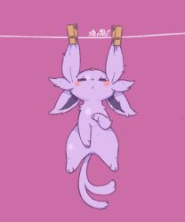 Rule 34 | blush, clothes pin, clothesline, creatures (company), espeon, eyelashes, forked tail, full body, game freak, gen 2 pokemon, hanging, looking at viewer, lovewolf5122, nintendo, no humans, pokemon, pokemon (creature), purple background, purple theme, simple background, solo, tail