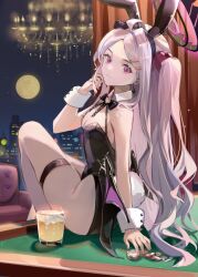 Rule 34 | 1girl, alcohol, beer, blue archive, casino, hina (blue archive), leotard, looking at viewer, moon, night, playboy bunny, poker chip, purple eyes, rero (bigdoorbig2), solo, thigh strap