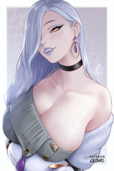 1girl bare_shoulders blue_hair blue_lips breasts choker cleavage earrings fangs fate/grand_order fate_(series) head_tilt hoop_earrings huge_breasts jewelry lipstick looking_at_viewer makeup olchas omi-san_(fate) seductive_smile sideboob smile solo yellow_eyes