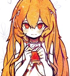 Rule 34 | 1girl, blush, cropped, girls&#039; frontline, hair between eyes, long hair, looking at viewer, non-web source, off shoulder, orange hair, red eyes, ribeyrolles (girls&#039; frontline), shirt, third-party edit, tosyeo, upper body, white background, white shirt