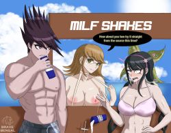 Rule 34 | 1boy, 2girls, abs, age difference, artist logo, artist name, bare arms, bare pectorals, bikini, bikini pull, black hair, blue sky, breasts, breasts out, brown hair, chabashira tenko, cleavage, closed mouth, clothes pull, cloud, collarbone, cup, danganronpa (series), danganronpa another episode: ultra despair girls, danganronpa v3: killing harmony, drink, drinking, drinking straw, drooling, dropped object, dropping, ears, english text, eyelashes, flashing, fujisaki chihiro&#039;s mother, green eyes, green headwear, hair tie, hairband, highres, holding, holding cup, long hair, looking at viewer, mature female, milk, milkshake, momota kaito, monokini, motion lines, multicolored bikini, multicolored bikini top, multicolored clothes, multicolored swimsuit, multiple girls, muscular, muscular female, muscular male, nipples, nose, ocean, one-piece swimsuit, open mouth, palms, pectorals, pink one-piece swimsuit, print bikini, print bikini top, print swimsuit, public indecency, public nudity, purple eyes, purple hair, purple hairband, purple headwear, shiny skin, shocked pupils, sky, space print, speech bubble, standing, star (sky), star (symbol), star print, starry sky print, surprised, surprised arms, swimsuit, teeth, upper teeth only, water, watermark, white one-piece swimsuit, wood