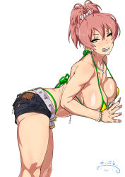 Rule 34 | 1girl, :q, ass, bare shoulders, belt, bent over, bikini, blush, breasts, earrings, half-closed eyes, highres, idolmaster, idolmaster cinderella girls, jewelry, jougasaki mika, large breasts, looking at viewer, nail polish, navel piercing, necklace, piercing, pink hair, pink nails, ponytail, revision, short shorts, shorts, simple background, smile, solo, suna (sandworks), swimsuit, teeth, tongue, tongue out, tongue piercing, underbutt, white background, yellow bikini, yellow eyes