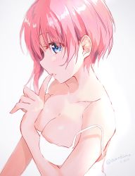 Rule 34 | 1girl, amedamacon, bare shoulders, blue eyes, blush, breasts, cleavage, collarbone, go-toubun no hanayome, highres, lips, medium breasts, nakano ichika, off shoulder, parted lips, pink hair, profile, shirt, short hair, solo, twitter username, upper body, white background, white shirt
