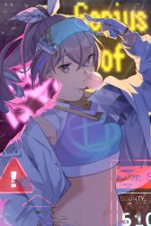 Rule 34 | 1girl, absurdres, alternate costume, breasts, blowing bubbles, chewing gum, cropped torso, crossed bangs, english text, eyewear on head, fingerless gloves, gloves, goggles, goggles on head, grey hair, hair between eyes, hand on own hip, high ponytail, highres, holographic interface, honkai: star rail, honkai (series), hst 426, jacket, long hair, looking at viewer, midriff, multicolored clothes, navel, neon lights, ponytail, sidelocks, sign, silver wolf (honkai: star rail), small breasts, solo, tinted eyewear, upper body, warning sign, white gloves, white jacket